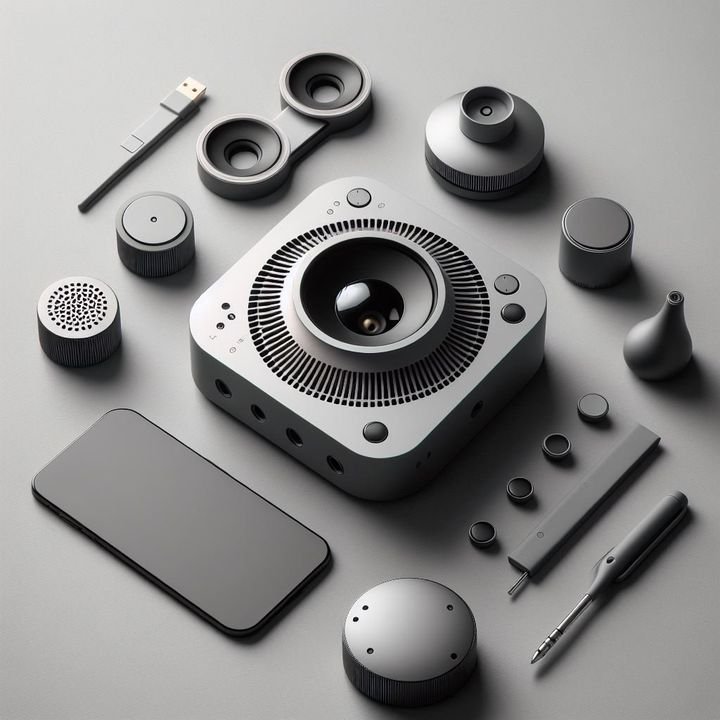 Concept visualisation of a compact meeting-privacy device and its components